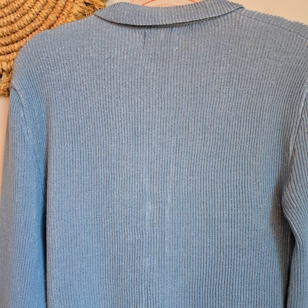 Free People x Celmo Shimmer Blue Three Button Cardi Sweater Cardigan SZ MediumY - Picture 6 of 9